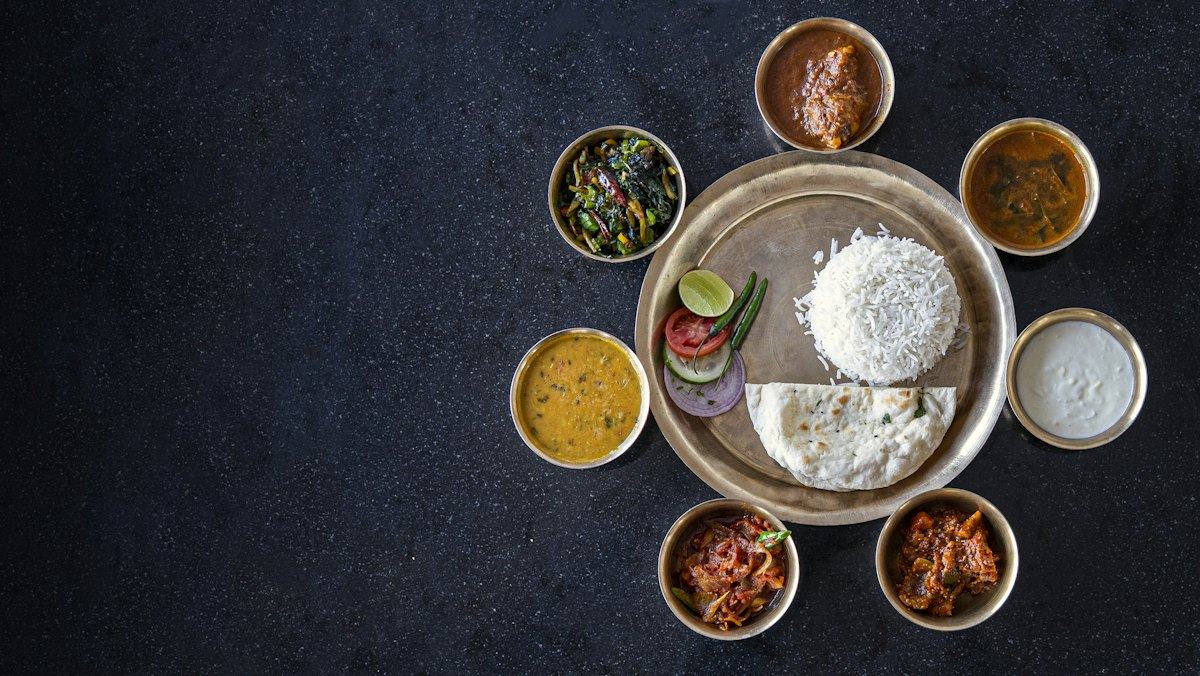 A thali of rice and curries